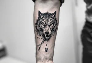 忠 (zhōng, “loyalty”) in steel blue beside a wolf or lion denotes honor and devotion. tattoo idea