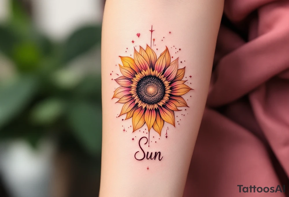 Word "Sun" written vertical with sunflower in pink tattoo idea