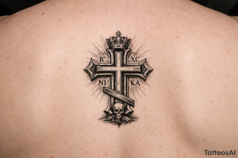 powerful serbian orthodox cross for ribs that later on can have children names incoportated later on, 15-25cm in height and with intricate details
 and black and grey fine detail tattoo idea
