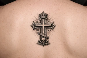 powerful serbian orthodox cross for ribs that later on can have children names incoportated later on, 15-25cm in height and with intricate details
 and black and grey fine detail tattoo idea
