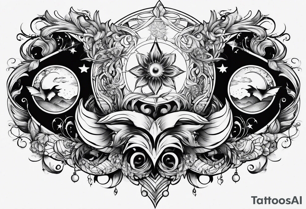 Two separate ideas for day and night placed on each side of the chest tattoo idea