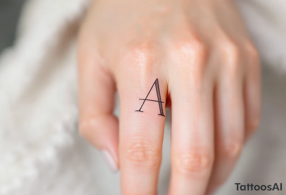 A minimalist outline "A" in soft gray with a blush pink inner fill on a finger. tattoo idea