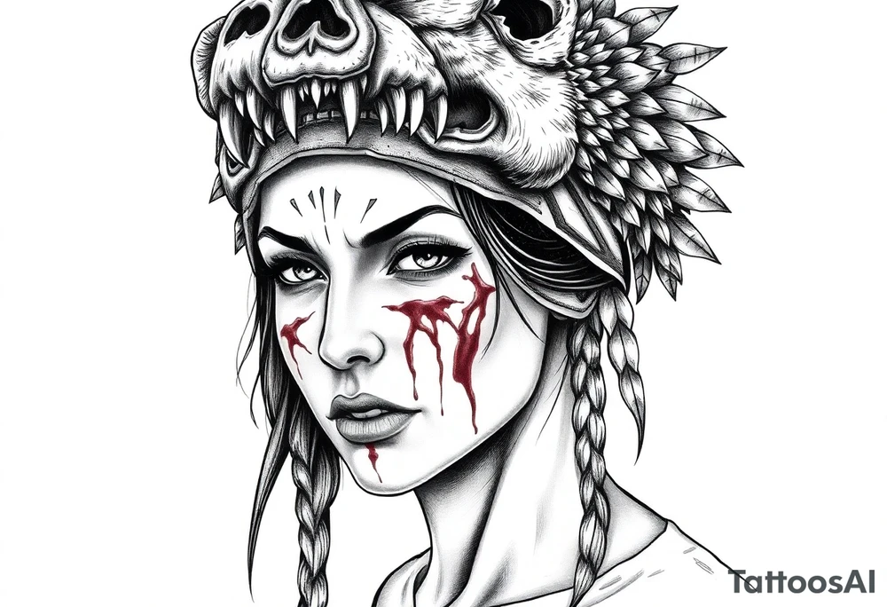 Beautiful Woman with battle scars and blood on face wearing angry dead bear headdress on head tattoo idea