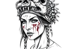 Beautiful Woman with battle scars and blood on face wearing angry dead bear headdress on head tattoo idea