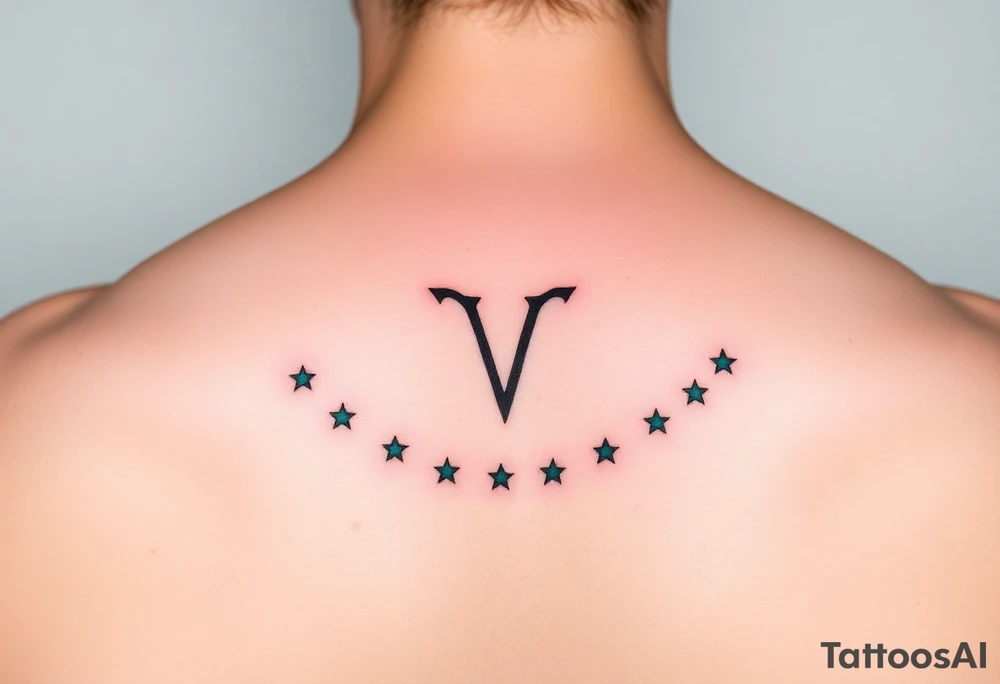 A minimalist Virgo sign in burnt sienna is followed by a sweeping arc of teal stars forming the constellation. tattoo idea