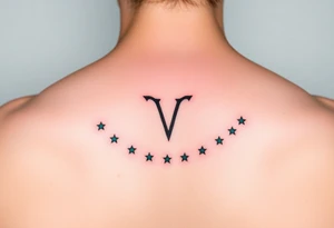A minimalist Virgo sign in burnt sienna is followed by a sweeping arc of teal stars forming the constellation. tattoo idea