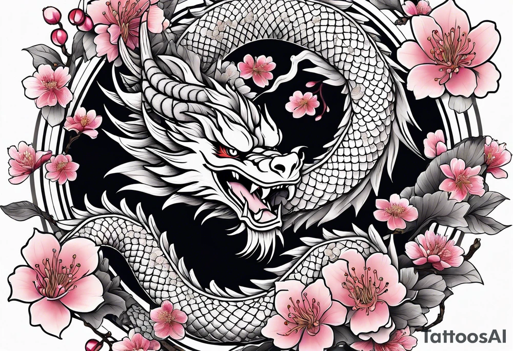 Japanese dragon going around the forearm with scales and cherry blossoms and sakura to fill the background tattoo idea