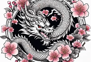 Japanese dragon going around the forearm with scales and cherry blossoms and sakura to fill the background tattoo idea