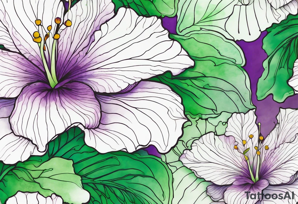 An outline of a green rio dipladenia flower and a green and purple watercolor splash in the background tattoo idea