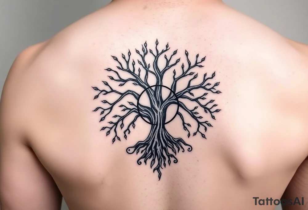yggadrisl tree of life with circle. Jai , Phoebe, Imogen, Matilda in the circle tattoo idea