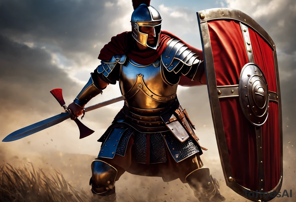 a high ranking roman soldier from AD 60, wearing armour which must include an armoured belt, breastplate, armoured shoes, shield, helmet and sword.
the soldier must look strong. the soldier is faceless. The image must include the full person, not just the top half. The soldier is mid-battle, fending off flaming arrows with his shield tattoo idea