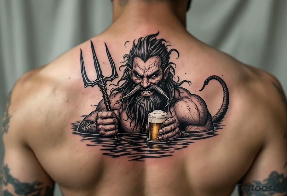 smiling poseidon, with a trident, in calm water, holding a beer tattoo idea