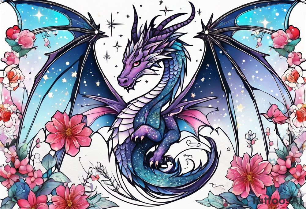 Constellation, wing , snow , cross , dragon female japan kawaii , flower tattoo idea