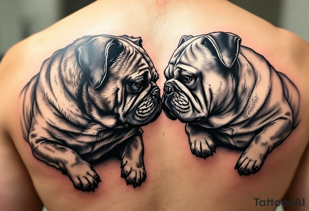 a golden retriever and an English bulldog, lying on their sides, head to head, foreheads touching, golden's head is larger than bulldog's tattoo idea