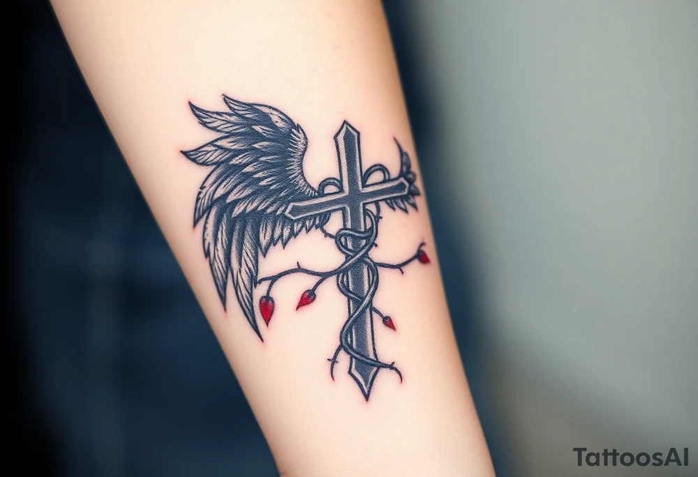 A cross wrapped in thorny vines, with dark angel wings in deep gray and blood-red accents tattoo idea