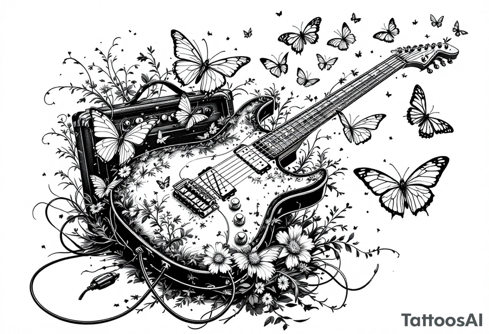 An electric guitar plugged into an amp with butterflies flying around it in memory of tattoo tattoo idea