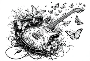 An electric guitar plugged into an amp with butterflies flying around it in memory of tattoo tattoo idea