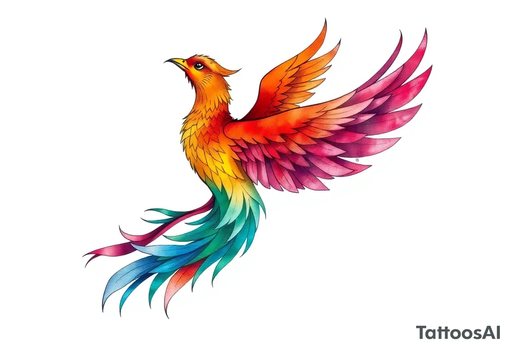 Phoenix rising with nonbinary flag colors blended in watercolor style, transparent background. tattoo idea