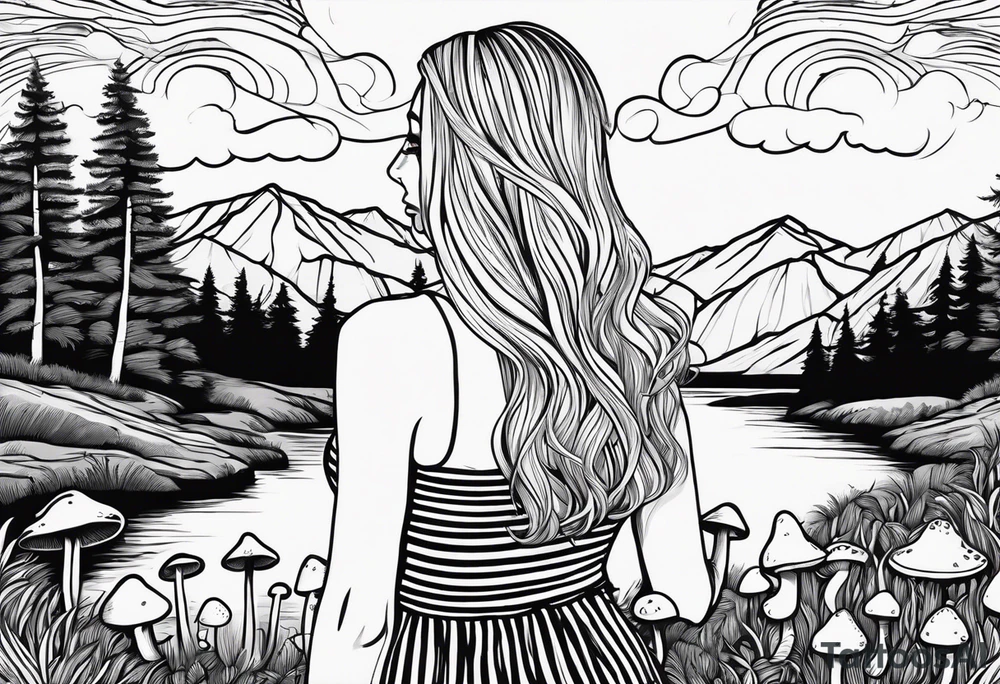 Straight long blonde hair hippie girl in distance holding mushrooms in hand facing away toward mountains and creek surrounded by mushrooms black and white striped dress tattoo idea
