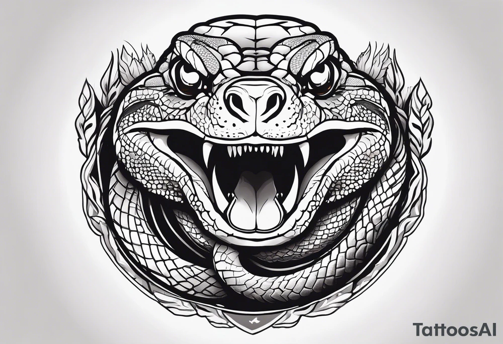 black and white drawing of a snake head with copper eyes an open mouth with mountain bike tire tread for body tattoo idea