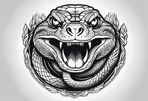 black and white drawing of a snake head with copper eyes an open mouth with mountain bike tire tread for body tattoo idea