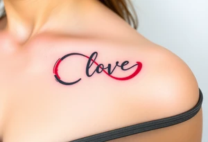 An artistic brushstroke infinity symbol in bold red and black ink, with "love" appearing as part of the flowing brushwork tattoo idea
