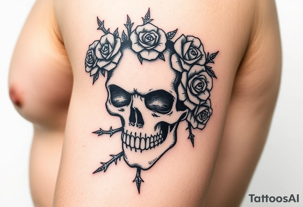 ornate skull adorned with crown of wild roses and thorns tattoo idea
