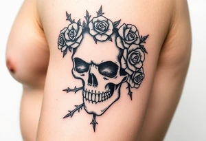 ornate skull adorned with crown of wild roses and thorns tattoo idea