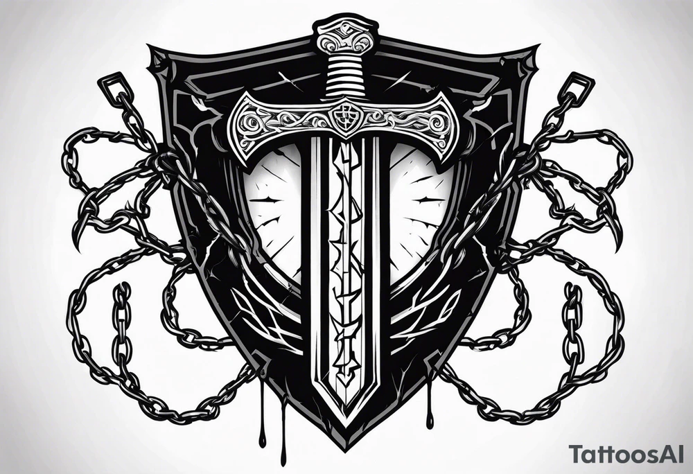 Valhalla sword shield axe barbed wire chains dark cloud lightning tattoo idea