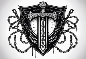 Valhalla sword shield axe barbed wire chains dark cloud lightning tattoo idea