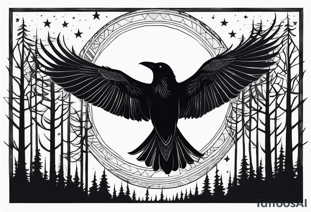 Raven in flight, upsidedown, knowing, light behind its eyes, ethereal, moon stars and trees in the background tattoo idea
