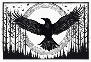 Raven in flight, upsidedown, knowing, light behind its eyes, ethereal, moon stars and trees in the background tattoo idea