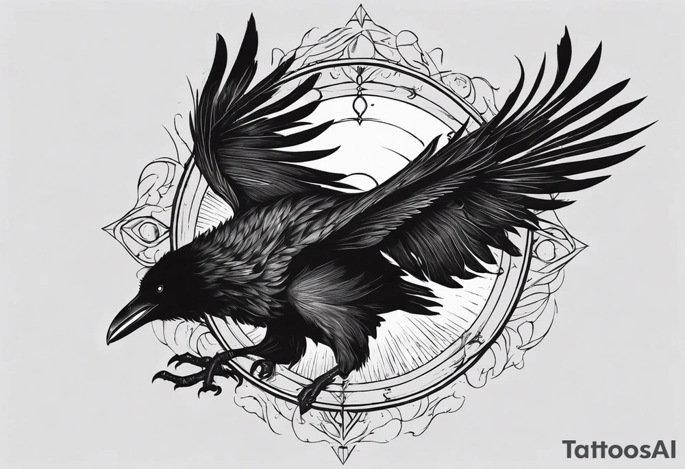 Cunning and Regal Raven flying towards the Sun. Mystic. tattoo idea