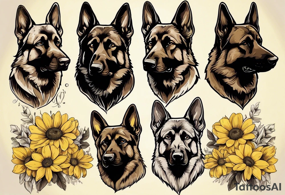 Dark Brown German shepherd portrait surrounded by yellow daisies tattoo idea
