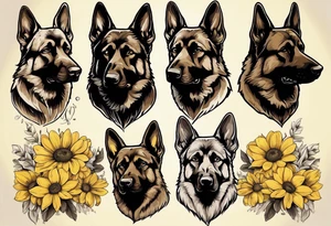 Dark Brown German shepherd portrait surrounded by yellow daisies tattoo idea