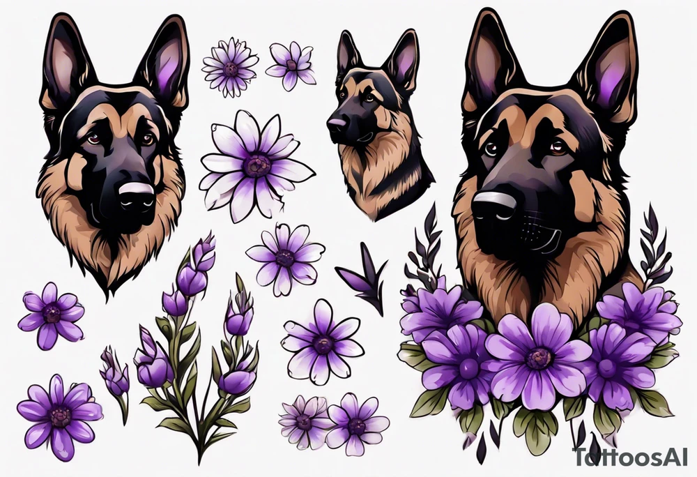 Dark brown, German shepherd with purple daisies tattoo idea