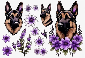 Dark brown, German shepherd with purple daisies tattoo idea
