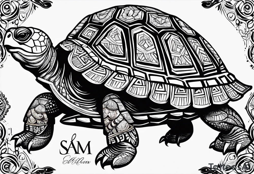 tribal tortoise with the name Sam engraved in the shell tattoo idea