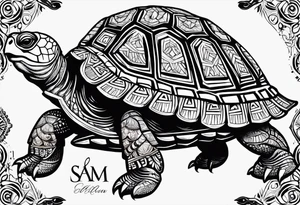 tribal tortoise with the name Sam engraved in the shell tattoo idea