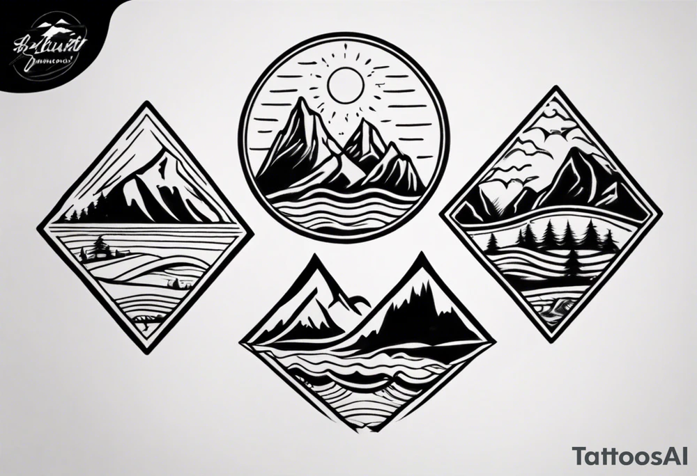 mountains, beach, waves, sunset, camping, trees tattoo idea mountains, beach, waves, sunset, camping, trees tattoo idea