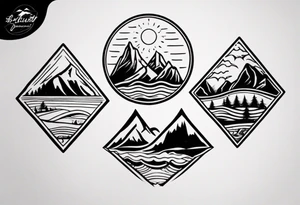 mountains, beach, waves, sunset, camping, trees tattoo idea