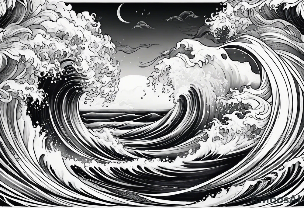 goddess, stormy sea, full length tattoo idea