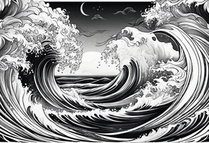 goddess, stormy sea, full length tattoo idea