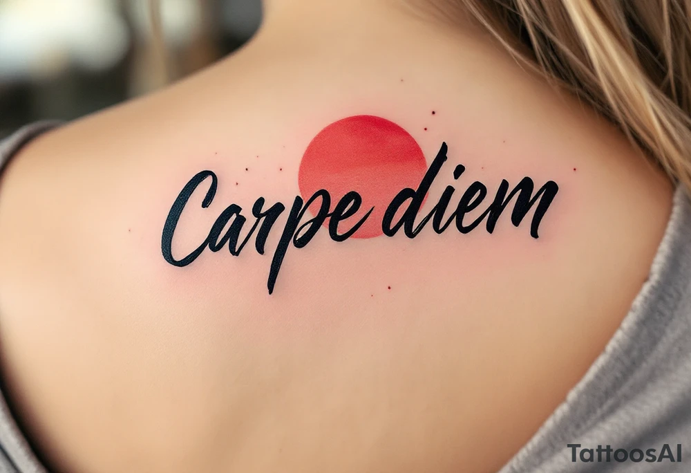 Brushstroke-style black text of "Carpe Diem" paired with a crimson Japanese sun above it. tattoo idea