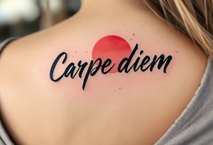 Brushstroke-style black text of "Carpe Diem" paired with a crimson Japanese sun above it. tattoo idea