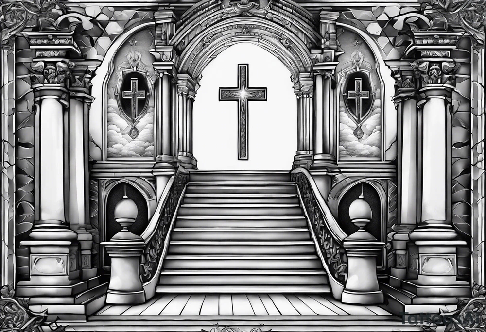 three crosses at the foot of stairs leading to heavens gates tattoo idea
