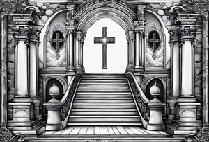 three crosses at the foot of stairs leading to heavens gates tattoo idea