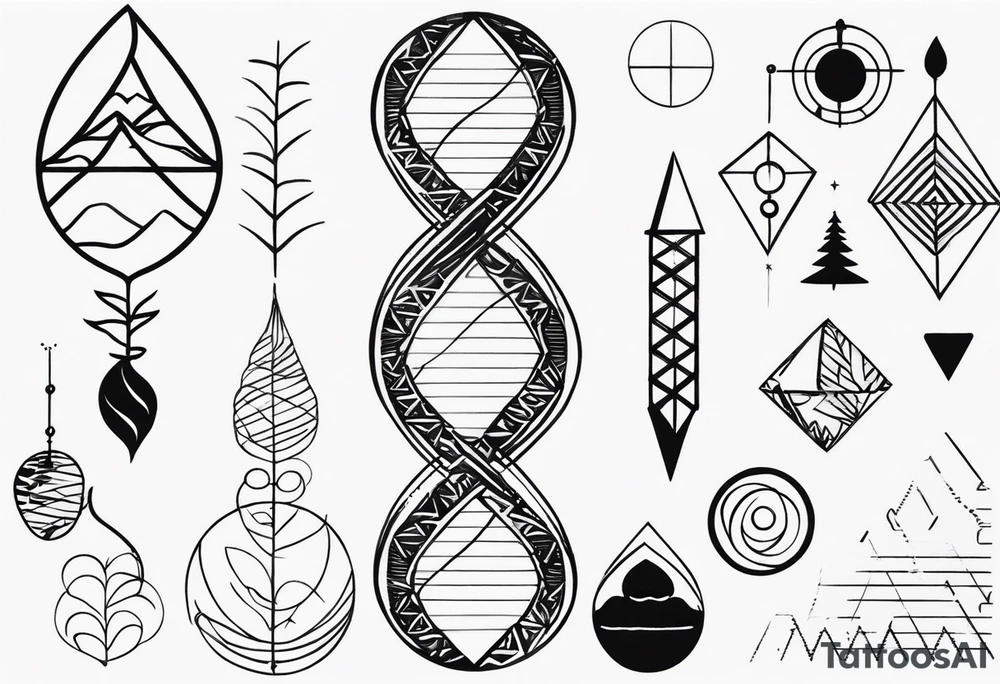 tattoo fine line, contendo árvore da vida, símbolos geométricos, textos em latim sobre força e coragem, DNA tattoo idea
