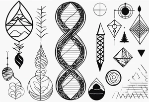 tattoo fine line, contendo árvore da vida, símbolos geométricos, textos em latim sobre força e coragem, DNA tattoo idea