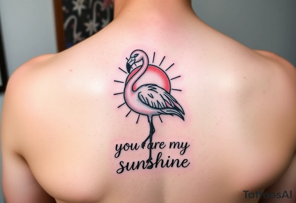 Cute Flamingo with a sun and the saying you are my sunshine with colors tattoo idea